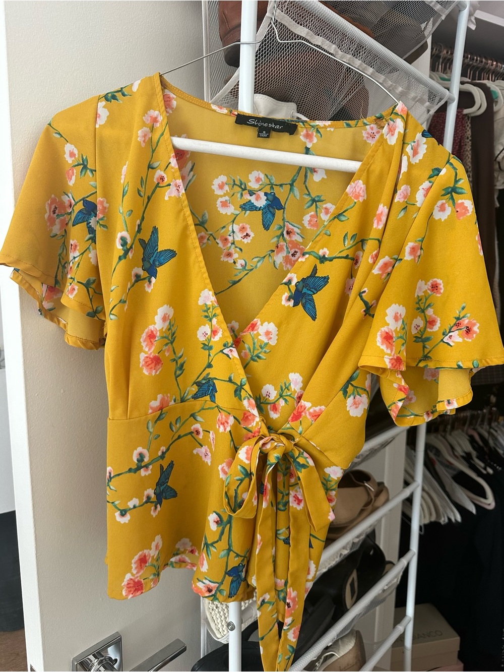 Shinestar Yellow Floral Wrap Blouse with Blue Bird Print
